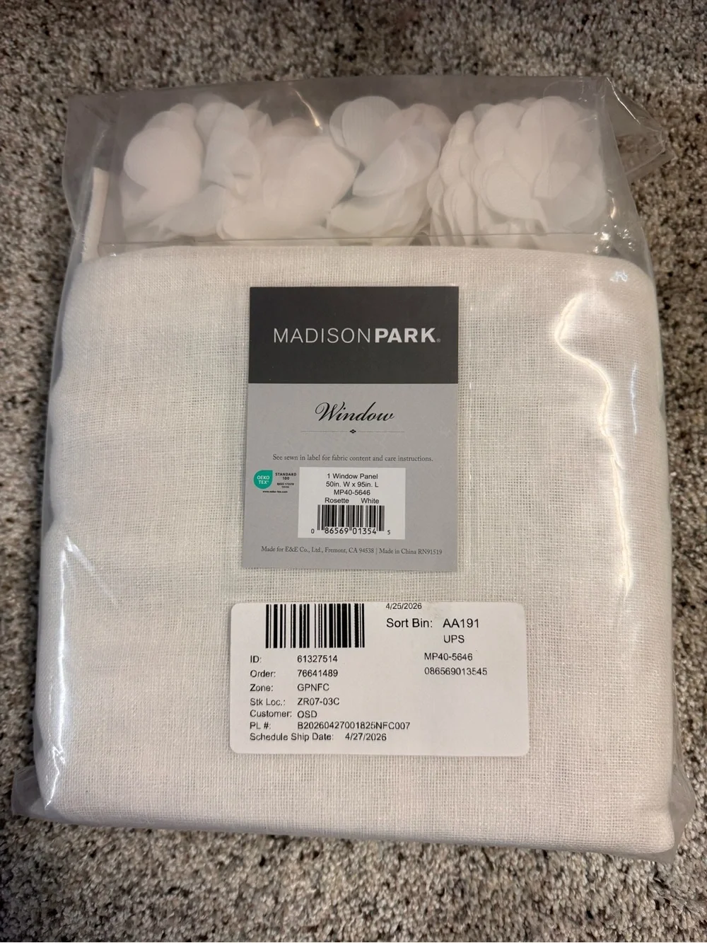 Madison Park Rosette Floral Embellished Cuff Tab Top Curtain Panel ONE 50x95